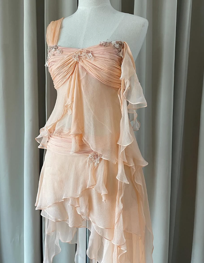 Baby Peach A Line Two Piece Appliques Tiered Chiffon Party Dress Evening Dress