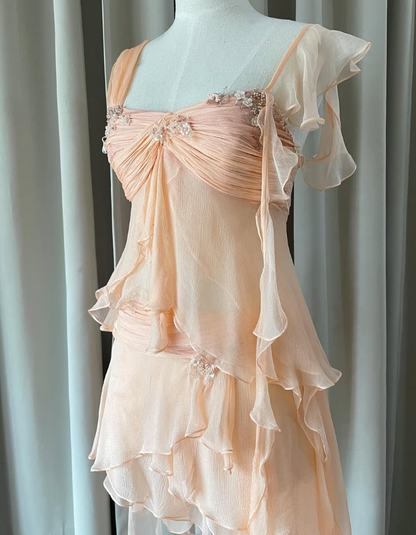 Baby Peach A Line Two Piece Appliques Tiered Chiffon Party Dress Evening Dress