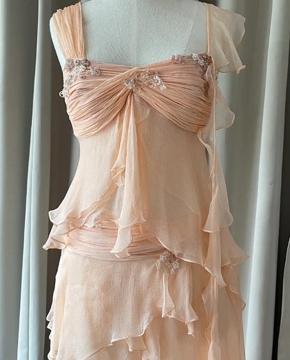 Baby Peach A Line Two Piece Appliques Tiered Chiffon Party Dress Evening Dress