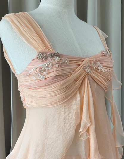 Baby Peach A Line Two Piece Appliques Tiered Chiffon Party Dress Evening Dress