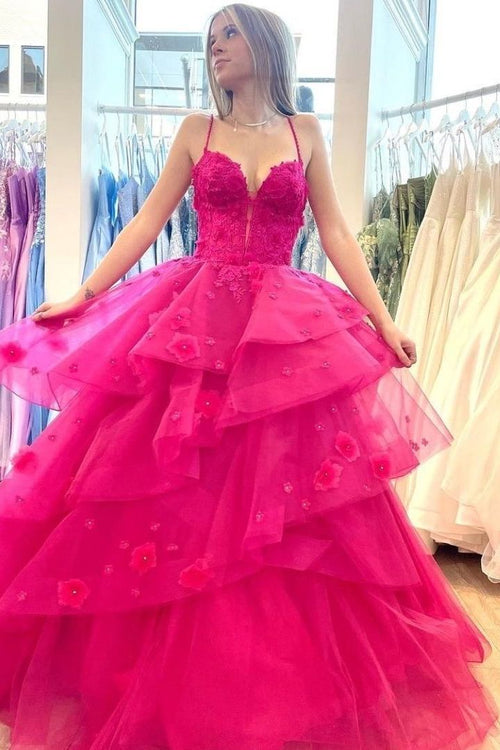 Spaghetti Straps V-Neck Layered Appliques Sleeveless Ball Gown
