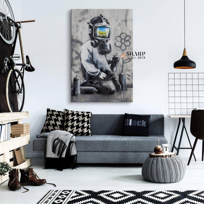Banksy - Gas Mask Boy Canvas Wall Art - SharpWallArts