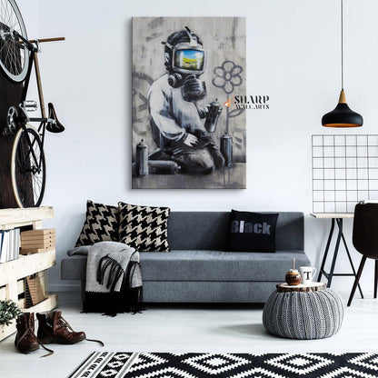Banksy - Gas Mask Boy Canvas Wall Art - SharpWallArts