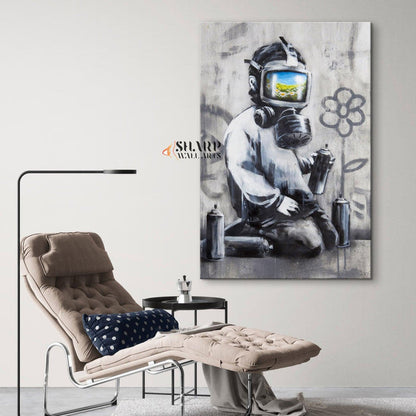 Banksy - Gas Mask Boy Canvas Wall Art - SharpWallArts