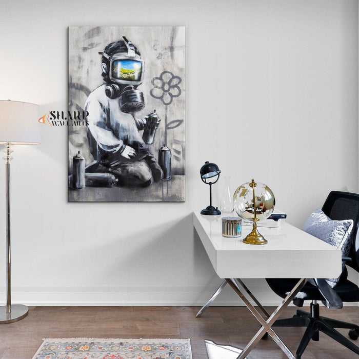 Banksy - Gas Mask Boy Canvas Wall Art - SharpWallArts