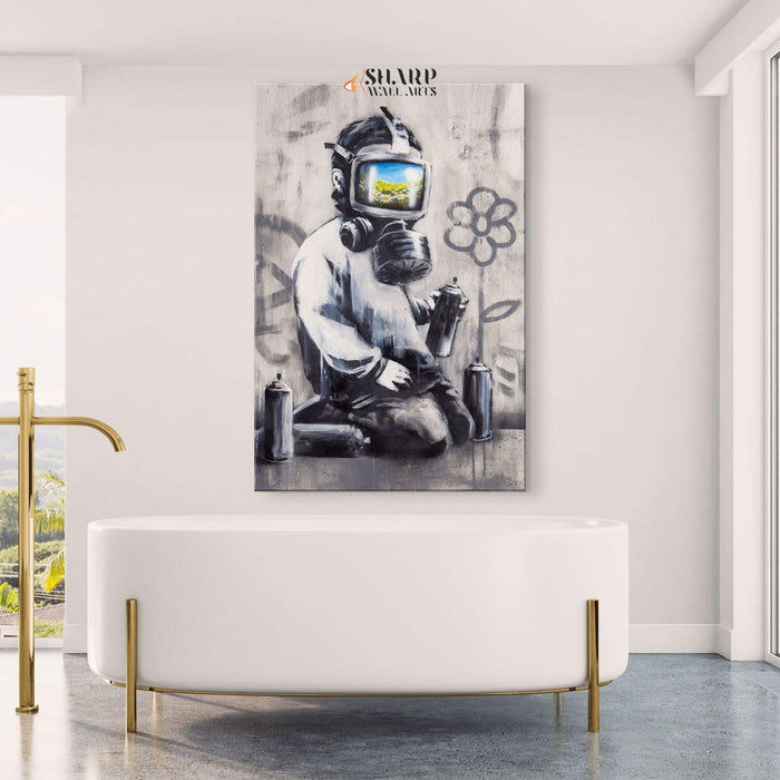 Banksy - Gas Mask Boy Canvas Wall Art - SharpWallArts