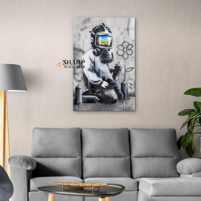 Banksy - Gas Mask Boy Canvas Wall Art - SharpWallArts