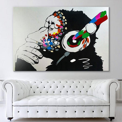 Banksy - Thinking Monkey Headphones Wall Art Canvas Print - SharpWallArts