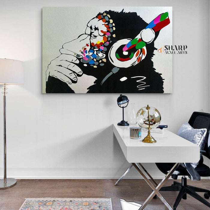 Banksy - Thinking Monkey Headphones Wall Art Canvas Print - SharpWallArts