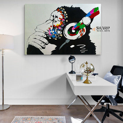 Banksy - Thinking Monkey Headphones Wall Art Canvas Print - SharpWallArts