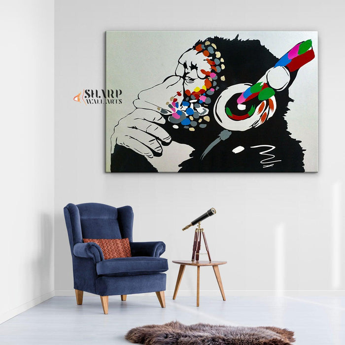 Banksy - Thinking Monkey Headphones Wall Art Canvas Print - SharpWallArts