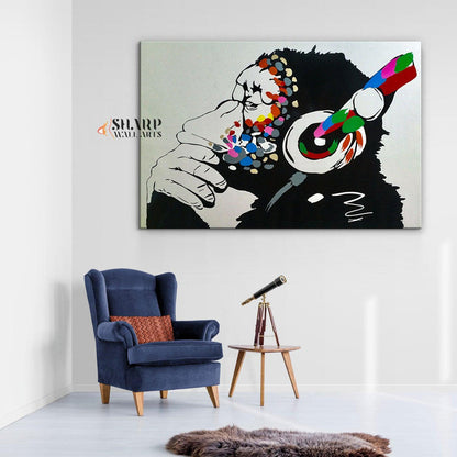 Banksy - Thinking Monkey Headphones Wall Art Canvas Print - SharpWallArts