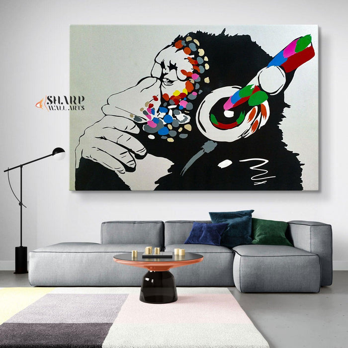 Banksy - Thinking Monkey Headphones Wall Art Canvas Print - SharpWallArts