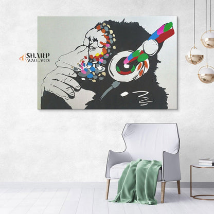 Banksy - Thinking Monkey Headphones Wall Art Canvas Print - SharpWallArts