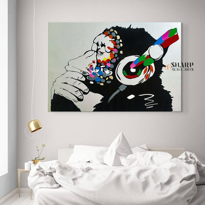 Banksy - Thinking Monkey Headphones Wall Art Canvas Print - SharpWallArts
