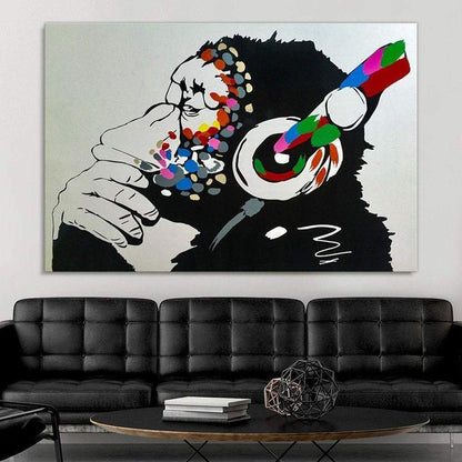 Banksy - Thinking Monkey Headphones Wall Art Canvas Print - SharpWallArts