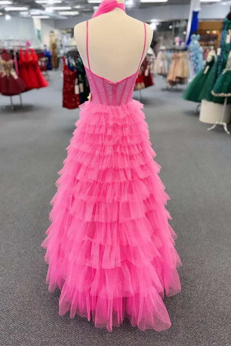 Beaded Corset Hot Pink Tulle Tiered Ruffles Gown