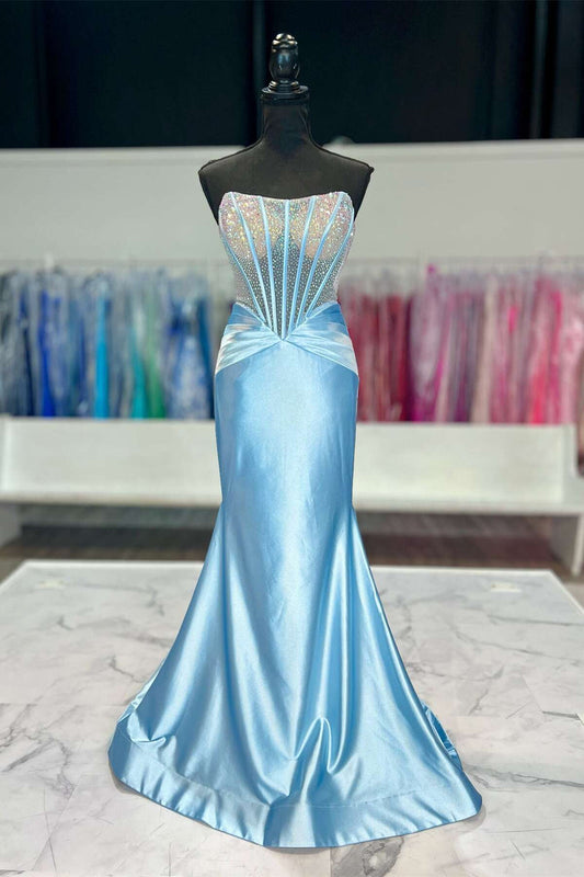 Beaded Corset light Blue Satin Mermaid Formal Dress