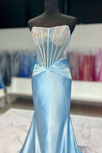 Beaded Corset light Blue Satin Mermaid Formal Dress