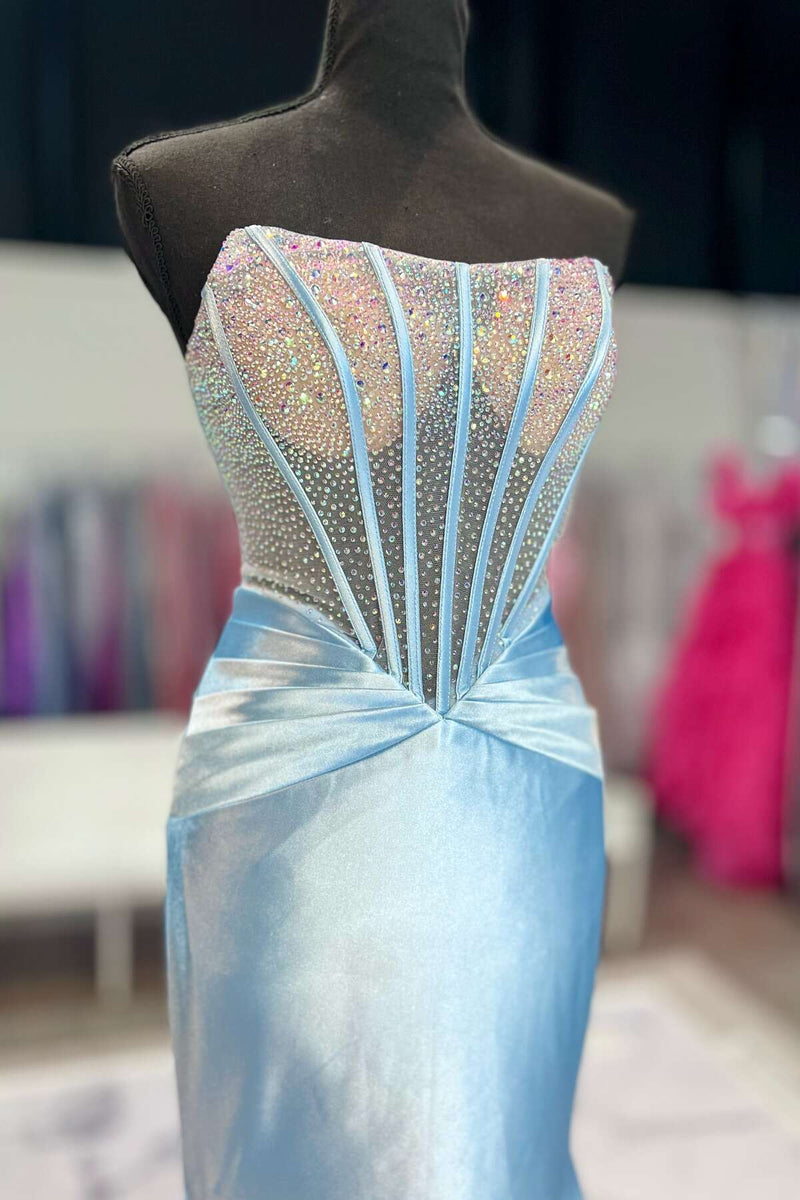 Beaded Corset light Blue Satin Mermaid Formal Dress