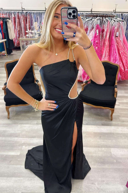 Beaded One Shoulder Black Cutous Long Prom Dress