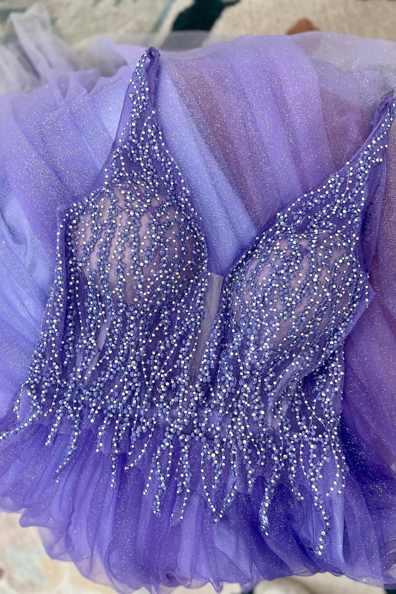 Beaded Purple Tulle A-line Long Formal Dress