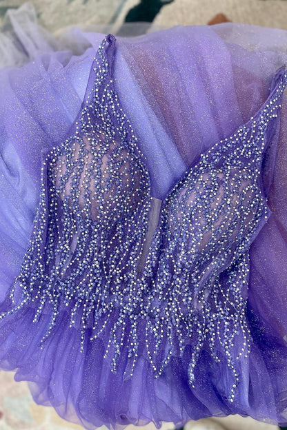 Beaded Purple Tulle A-line Long Formal Dress