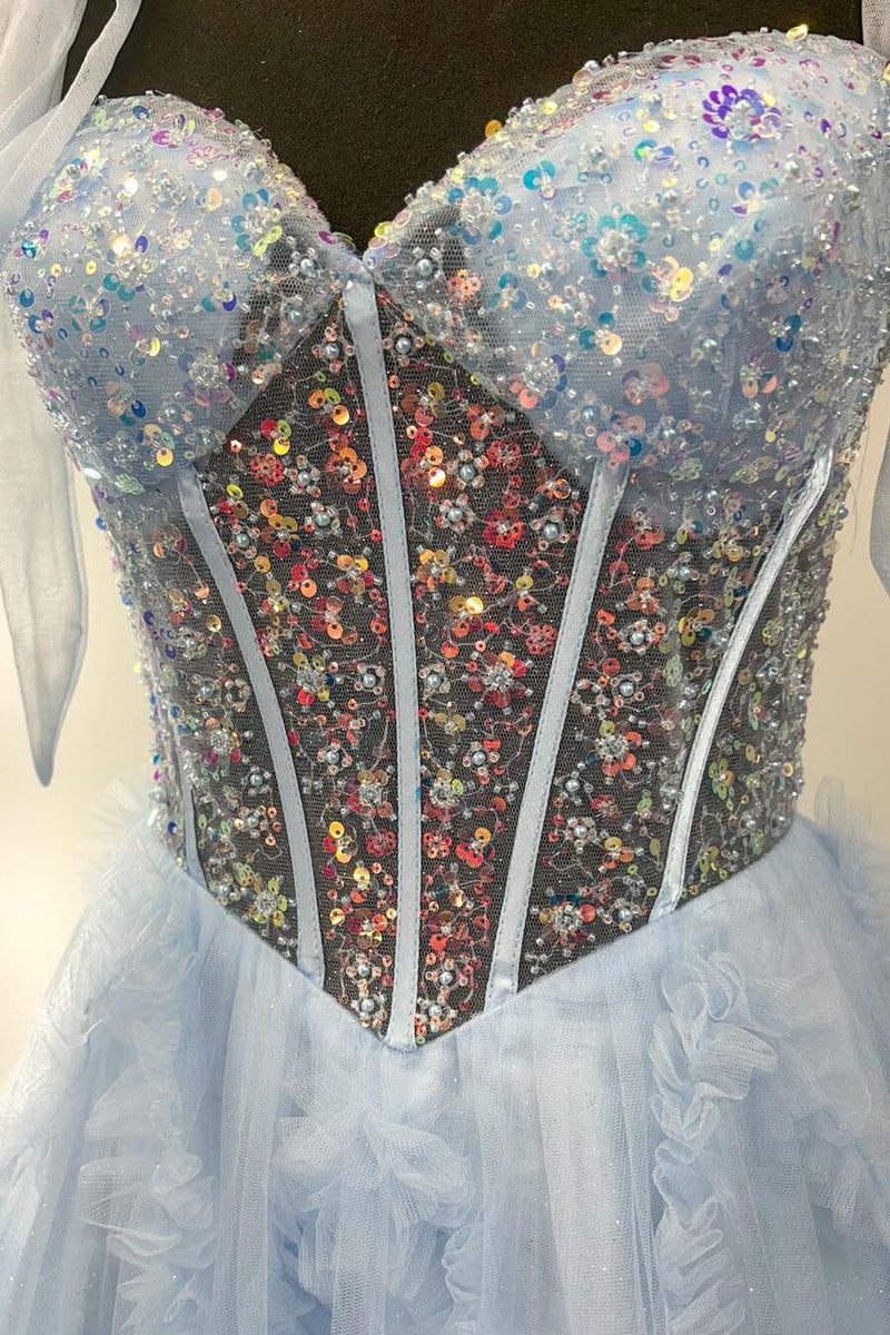 Beaded Sheer Corset Light Blue Formal Dress