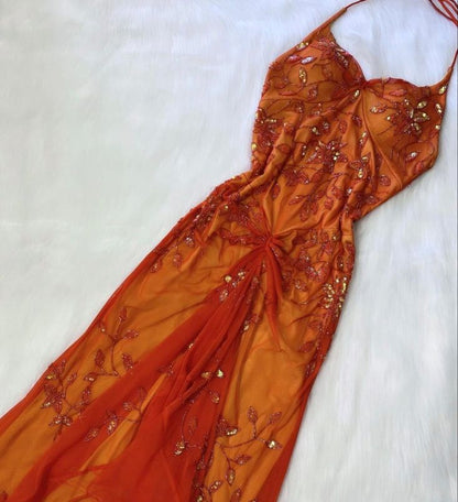 Beautiful A Line Spaghetti Straps Orange Chiffon Prom Dress With Beads