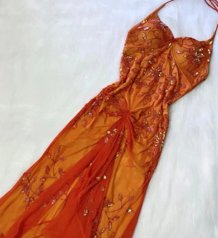 Beautiful A Line Spaghetti Straps Orange Chiffon Prom Dress With Beads