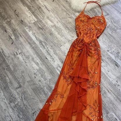 Beautiful A Line Spaghetti Straps Orange Chiffon Prom Dress With Beads