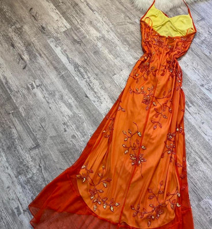 Beautiful A Line Spaghetti Straps Orange Chiffon Prom Dress With Beads