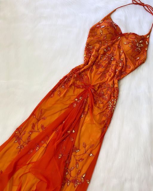 Beautiful A Line Spaghetti Straps Orange Chiffon Prom Dress With Beads