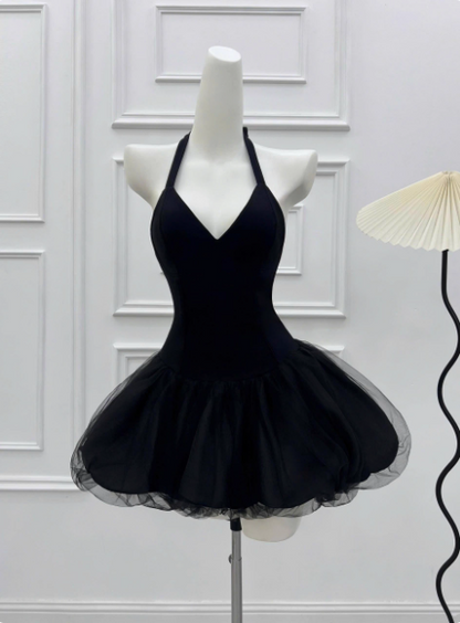 Beautiful Halterneck Black Mesh Splicing Puffy Birthday Dress Homecoming Dress