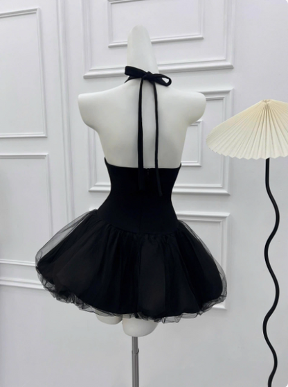 Beautiful Halterneck Black Mesh Splicing Puffy Birthday Dress Homecoming Dress