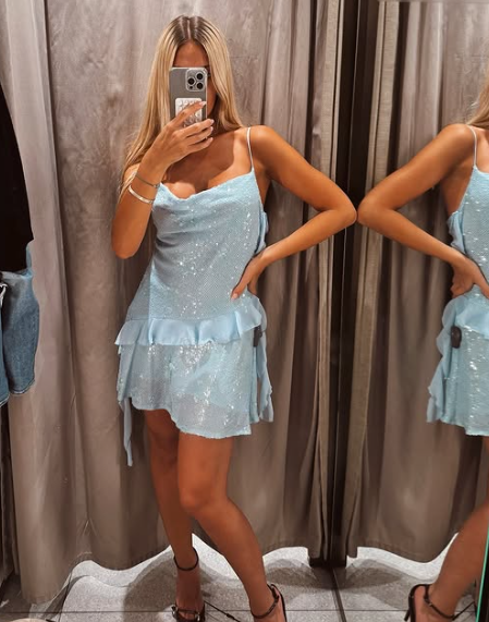 Beautiful Swing Neck Strap Sequin Blue Ruffle 17th Birthday Homecoming Dress