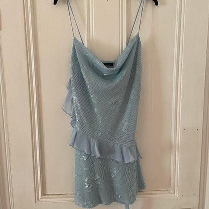 Beautiful Swing Neck Strap Sequin Blue Ruffle 17th Birthday Homecoming Dress