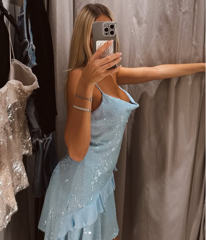 Beautiful Swing Neck Strap Sequin Blue Ruffle 17th Birthday Homecoming Dress