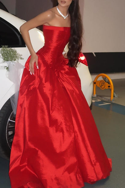Beauty A Line Strapless Red Satin Long Prom Dress with Ruched