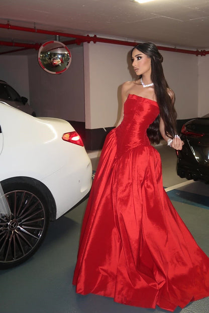 Beauty A Line Strapless Red Satin Long Prom Dress with Ruched