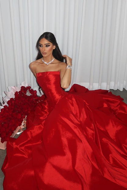 Beauty A Line Strapless Red Satin Long Prom Dress with Ruched