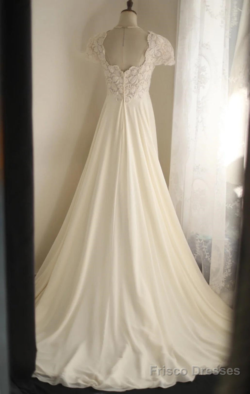 Beige Square Neck Chiffon Lace Empire Dress Long Prom Dress Beaded Wedding Dress