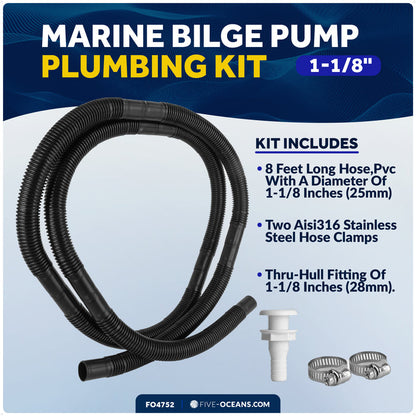 Bilge Pump Plumbing Kit, 8' x 1-1/8" Black PVC Hose with 2 Clamps & Thru-Hull Fitting - FO4752 - Five Oceans