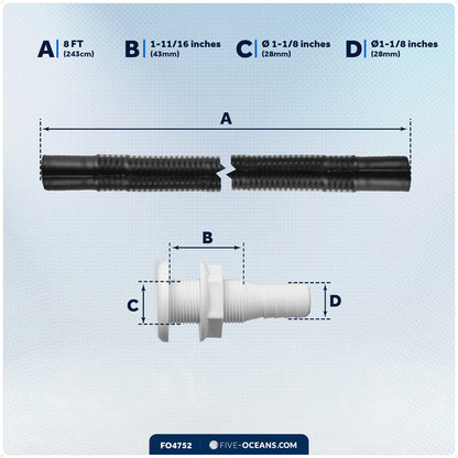 Bilge Pump Plumbing Kit, 8' x 1-1/8" Black PVC Hose with 2 Clamps & Thru-Hull Fitting - FO4752 - Five Oceans