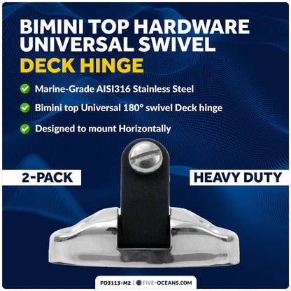 Bimini Top Universal Swivel Deck Hinge, AISI316 Stainless Steel & Black Nylon, 2-Pack