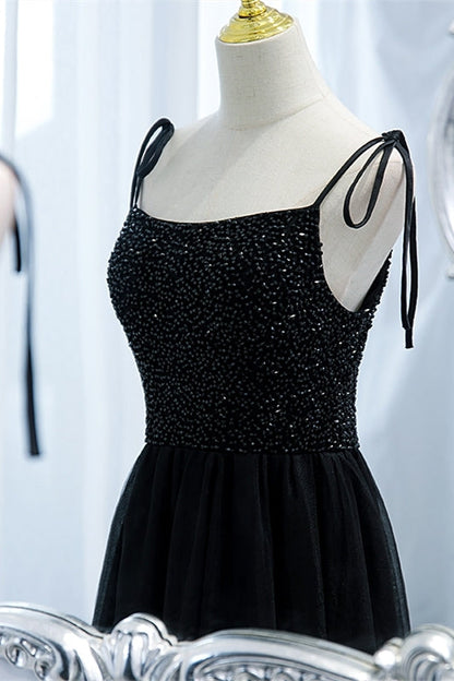 Black A-line Beaded Tulle Long Formal Dress