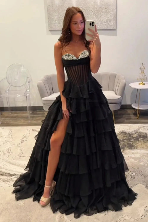 Black A Line Corset Ruffle Tiered Long Prom Dresses with Beadings