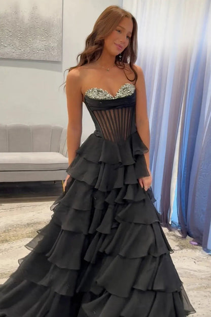 Black A Line Corset Ruffle Tiered Long Prom Dresses with Beadings
