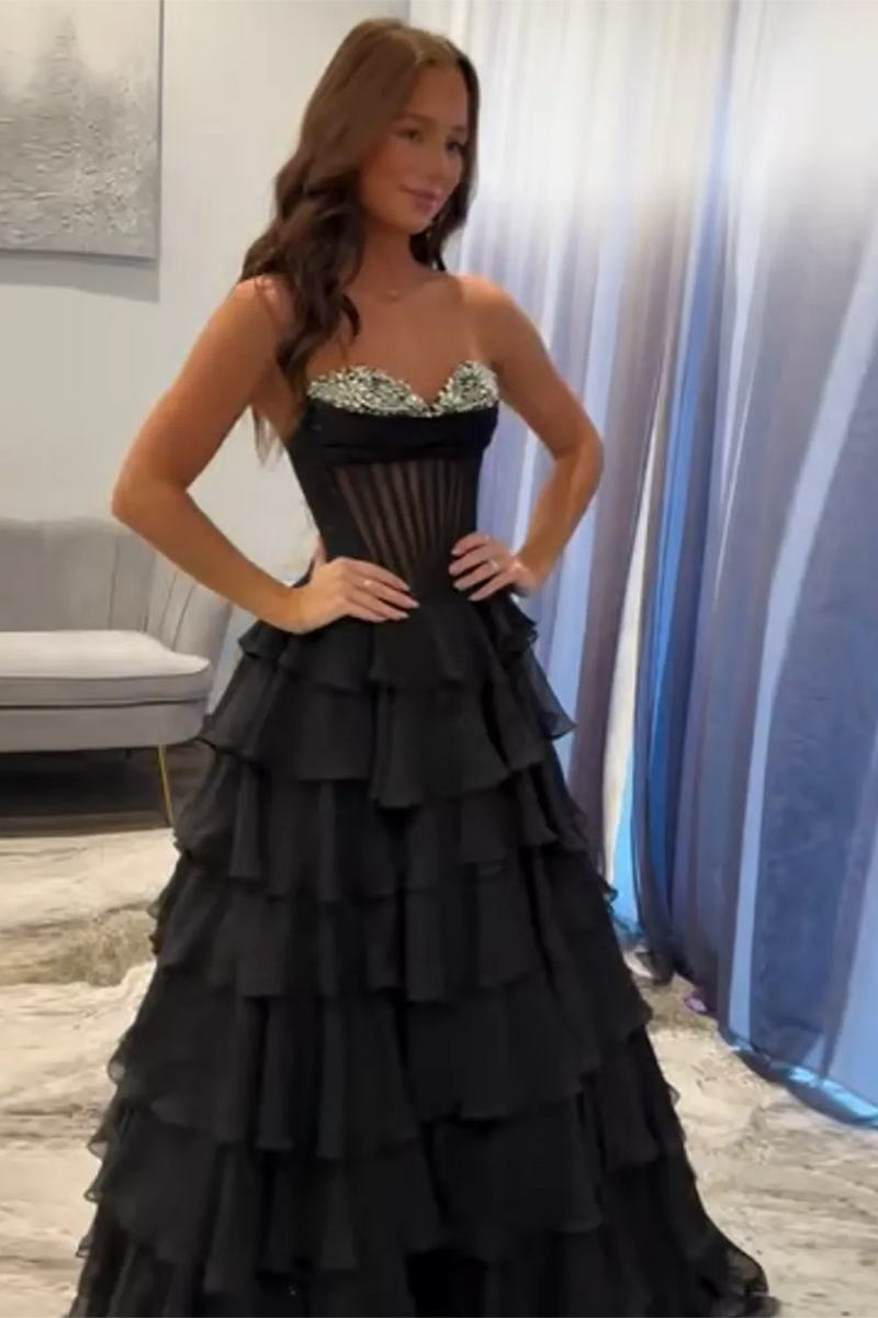 Black A Line Corset Ruffle Tiered Long Prom Dresses with Beadings