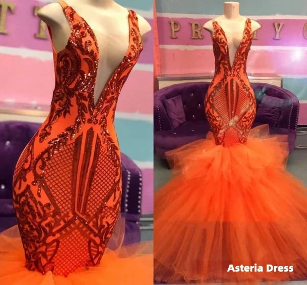 Black Girl Prom Dress, Orange Mermaid Lace Appliques Prom Dresses, Tulle Ruffles Sexy V Neck Cheap Evening Gowns